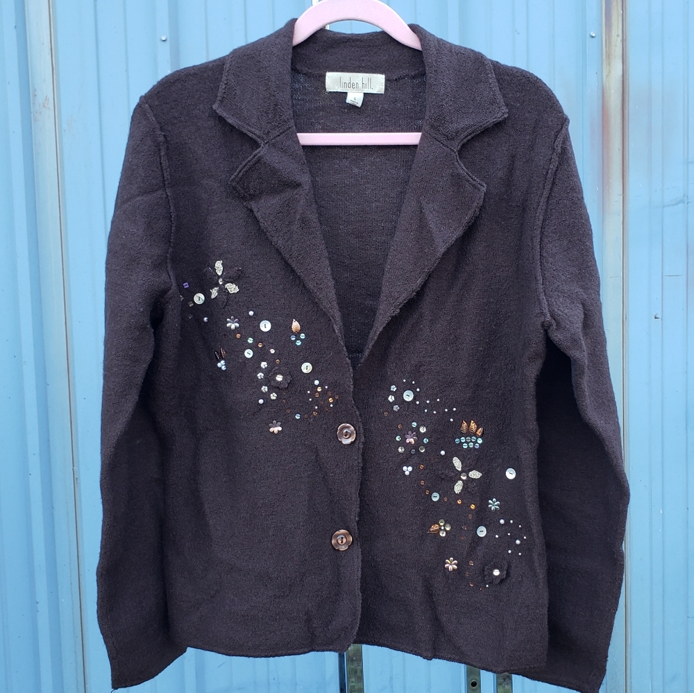 Linden Hill 100% Wool Floral Sequin Wool Raw Hem Buttoned Cardigan Blazer